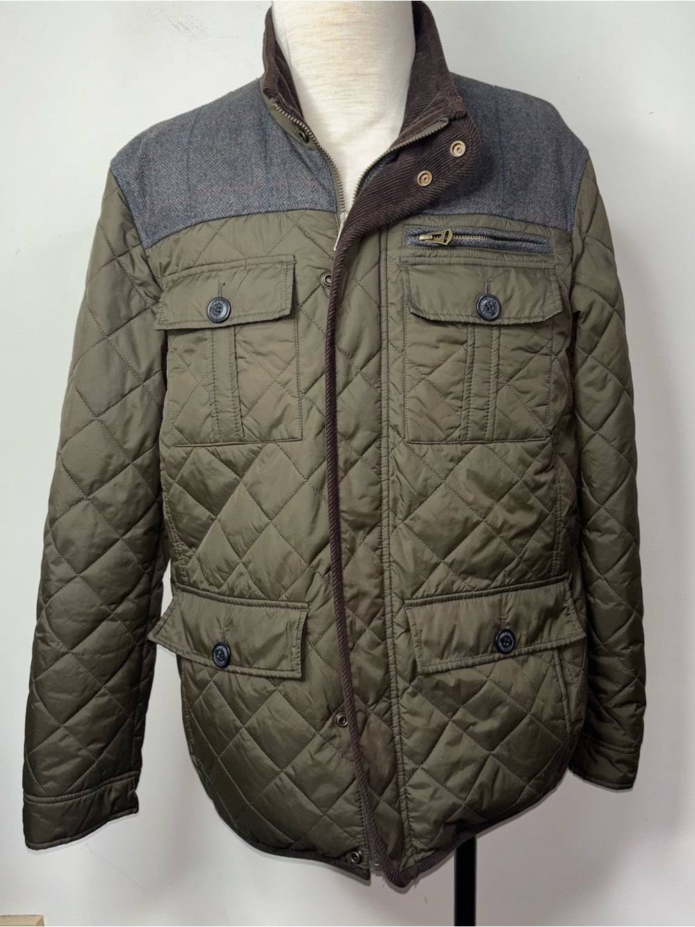 Cole Haan Barn Coat Utility Jacket Men's L Olive Green Quilted Corduroy Plaid